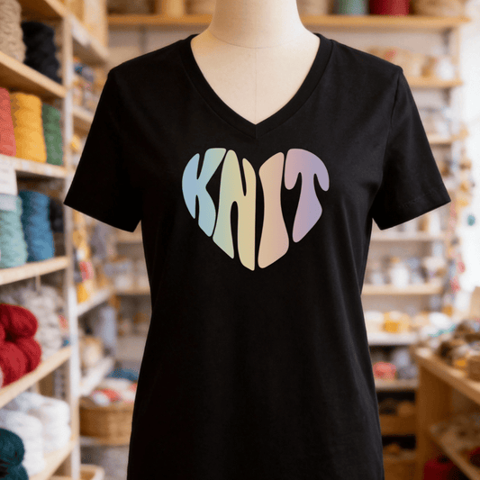 Knit Heart Pastel V-Neck T-Shirt Solid Black Blend / S