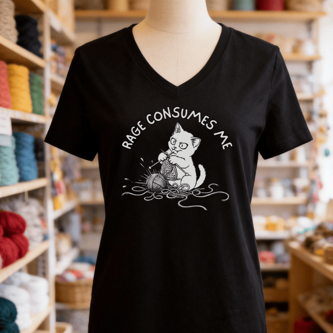 Rage Consumes Me Knit V-Neck T-Shirt Solid Black Blend / S