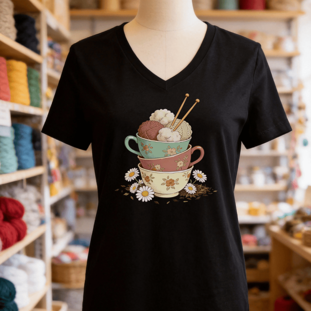 Sip 'n Stitch V-Neck T-Shirt Solid Black Blend / S