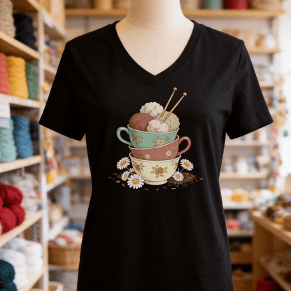Sip 'n Stitch V-Neck T-Shirt Solid Black Blend / S